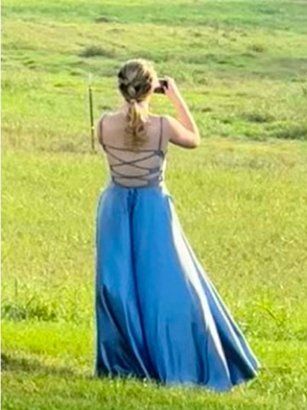 B Darlin Blue Lace-Up Back Evening Gown